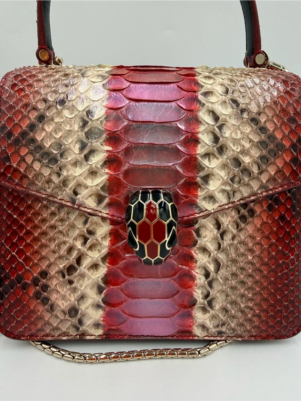 Bvlgari Serpenti Forever Mini Red and Gold Python-Pattern Top Handle Satchel